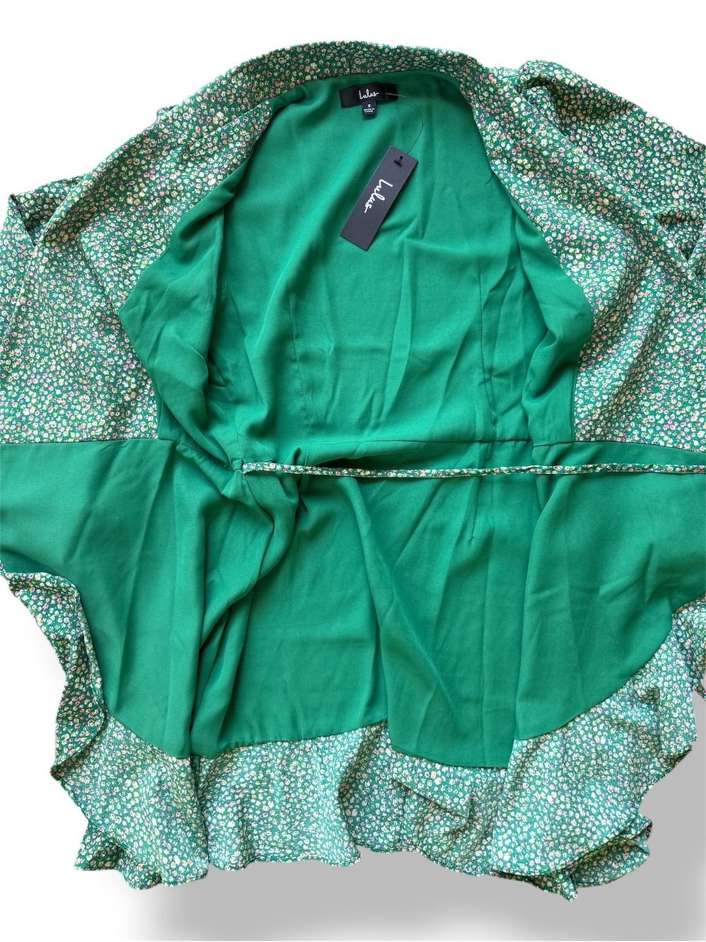 Lulus Totally Cute Time Green Floral Wrap Mini Dress NWT Small Ruffle Hem - Picture 7 of 10